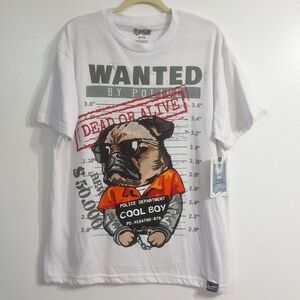 Brooklyn’s Best Men's White Pug Mugshot Graphic Tee-Wanted Design, Size XL, NWT